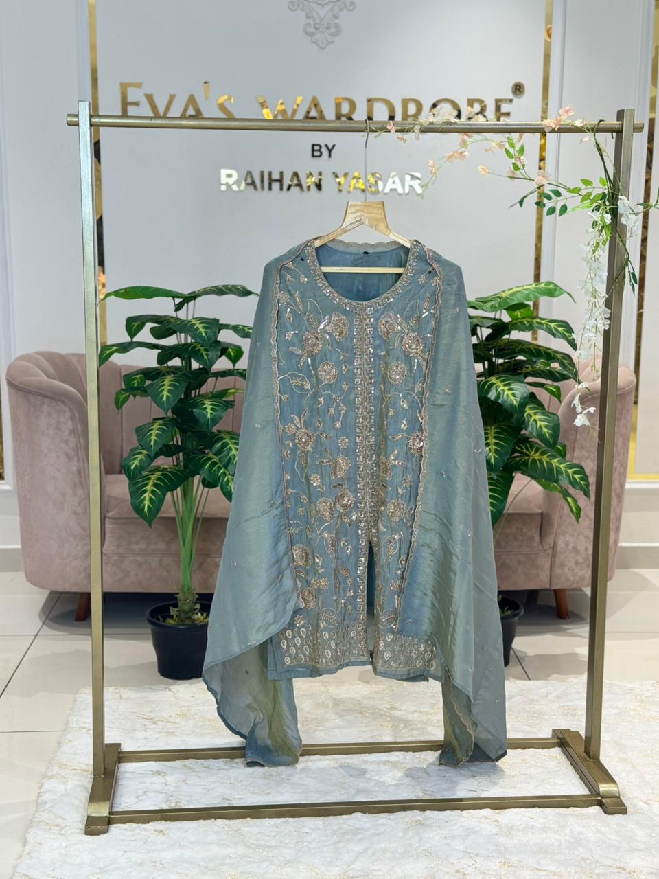 Mystic Teal Heavily Sequinned Chanderi Festive Suit 1305