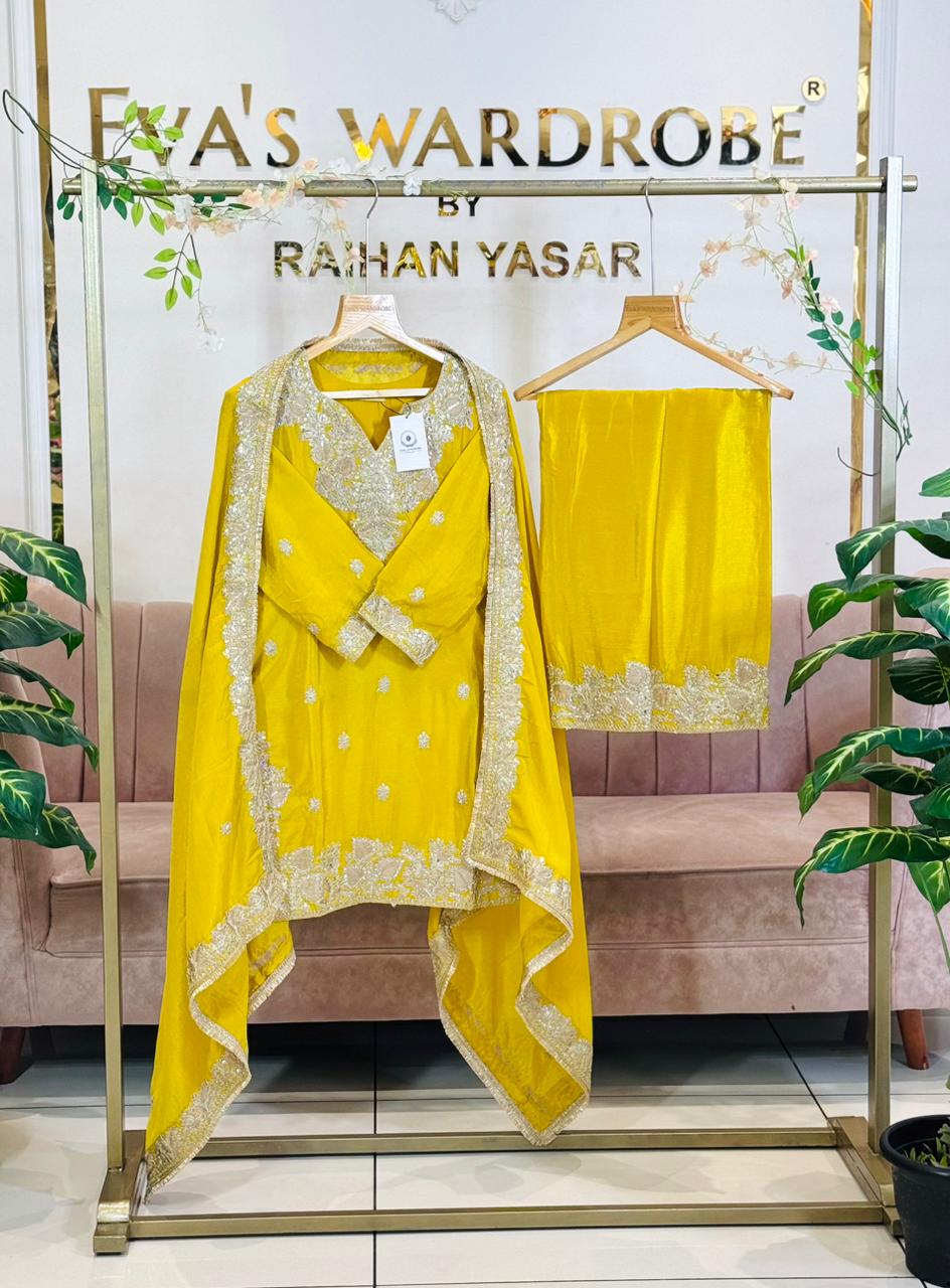 Mustard Yellow Heavily Embroidered Silk Festive Suit 1717