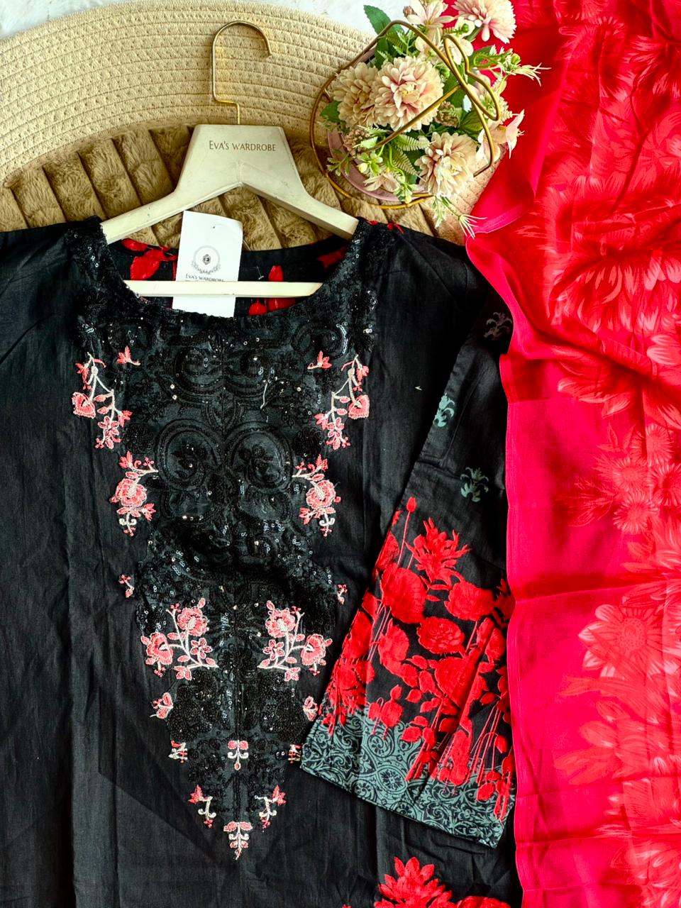 Crimson Rose Noir Cotton Ensemble 1322