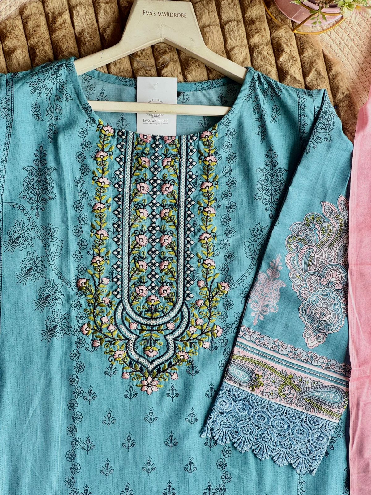 Teal Floral Embroidered Lawn 3-Piece Suite with Lace Detailing
