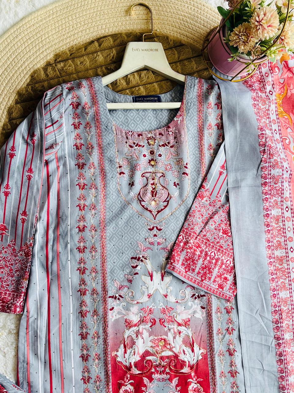 Premium Grey & Rosewood Floral Embroidered 3-Piece Suit 1355