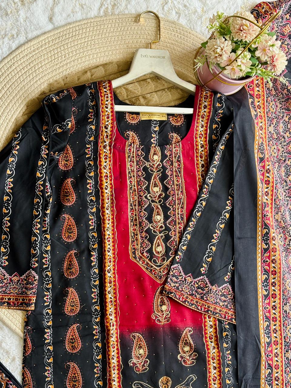 Ready-to-Wear Jet Black & Red Paisley Suit with Mirror Work Neckline