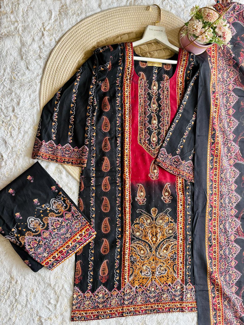 Ready-to-Wear Jet Black & Red Paisley Suit with Mirror Work Neckline