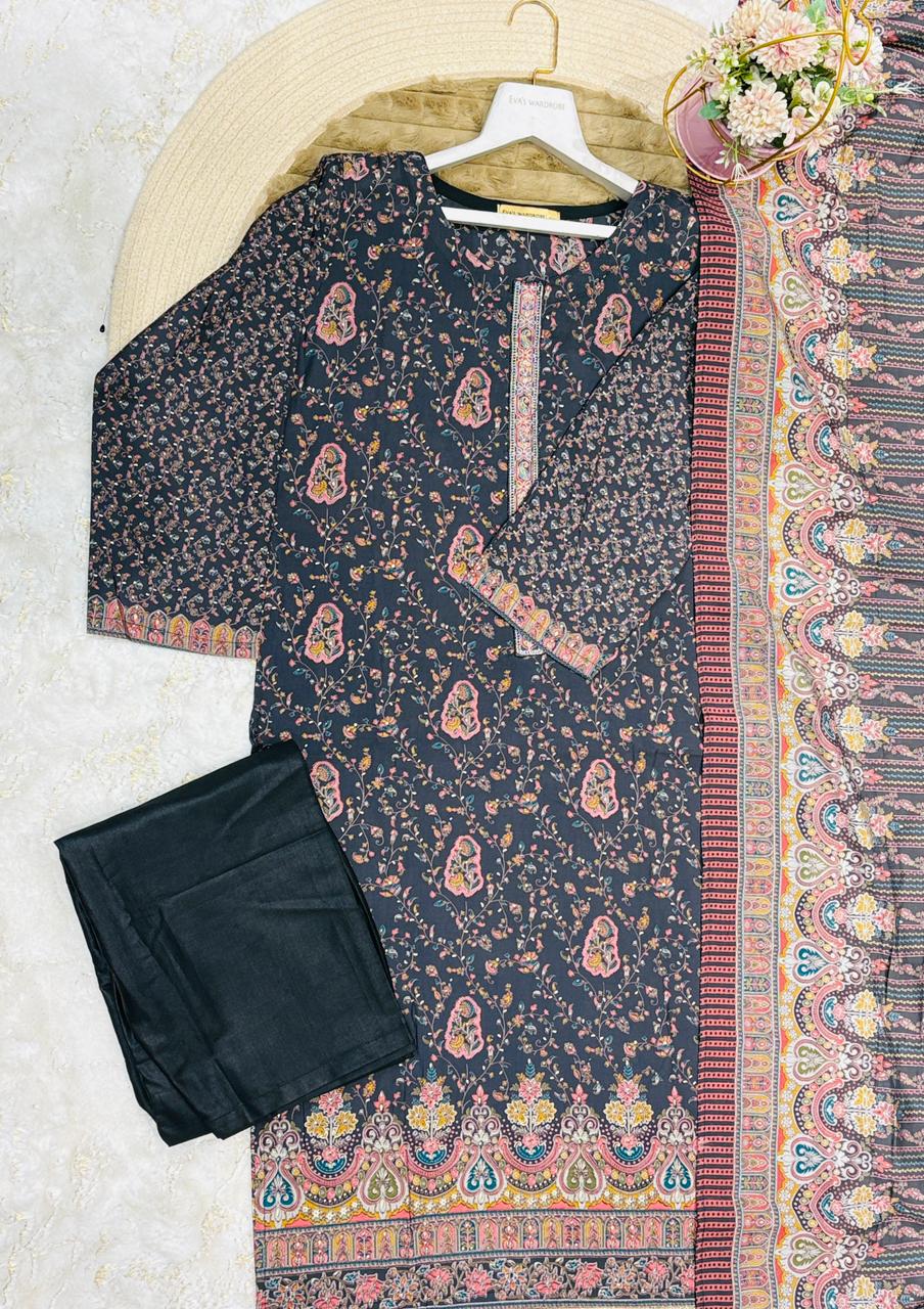 Charcoal Black Paisley Print Premium Cotton 3-Piece Stitched Suit 1636