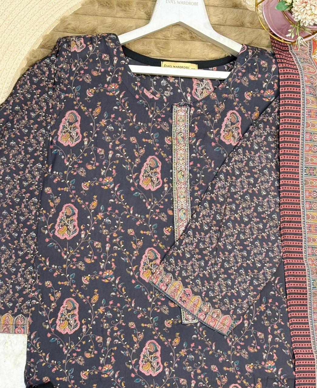 Charcoal Black Paisley Print Premium Cotton 3-Piece Stitched Suit 1636