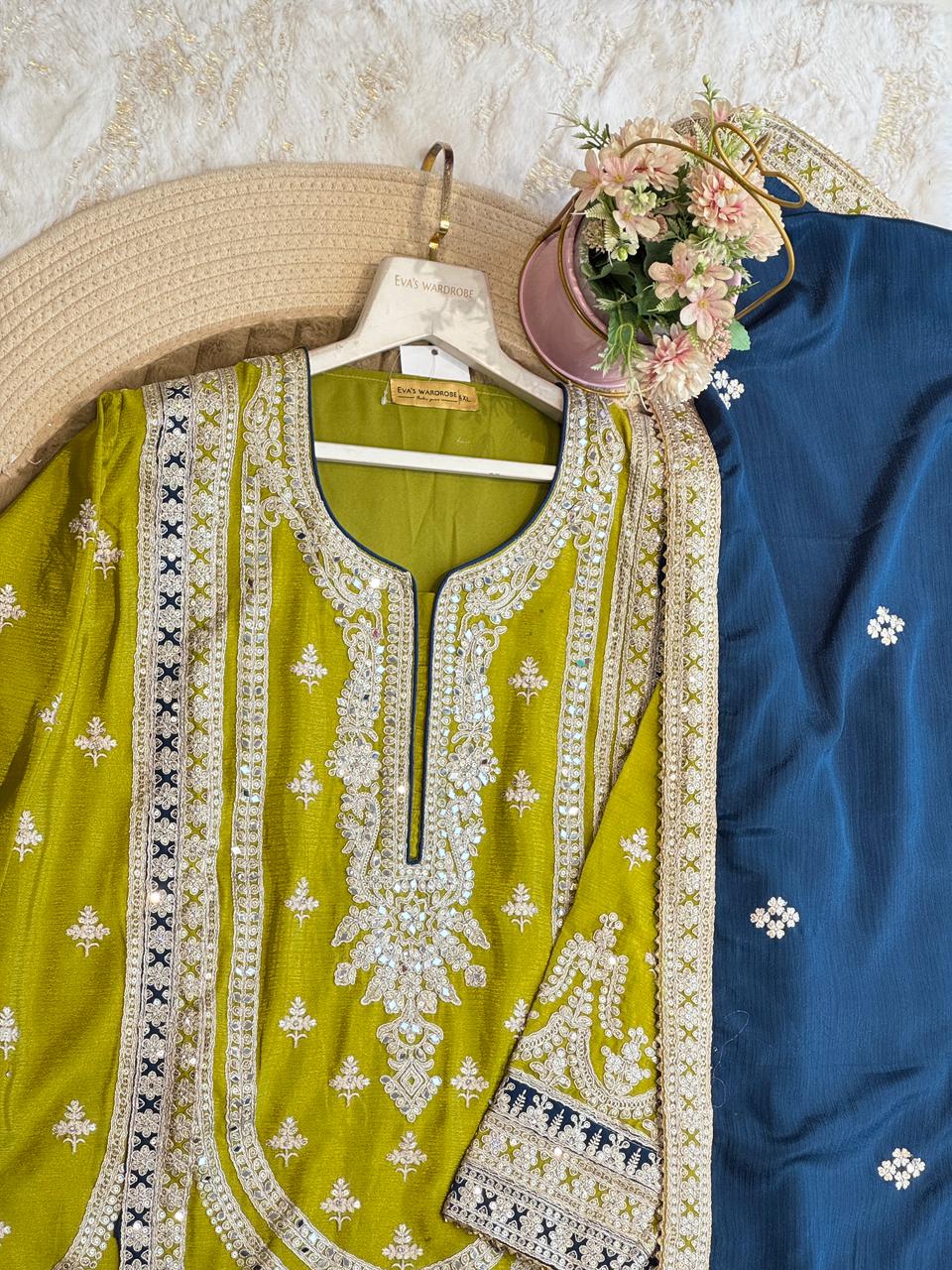 Olive Green & Navy Blue Embroidered Pure Chiffon Georgette Palazzo Set 1413