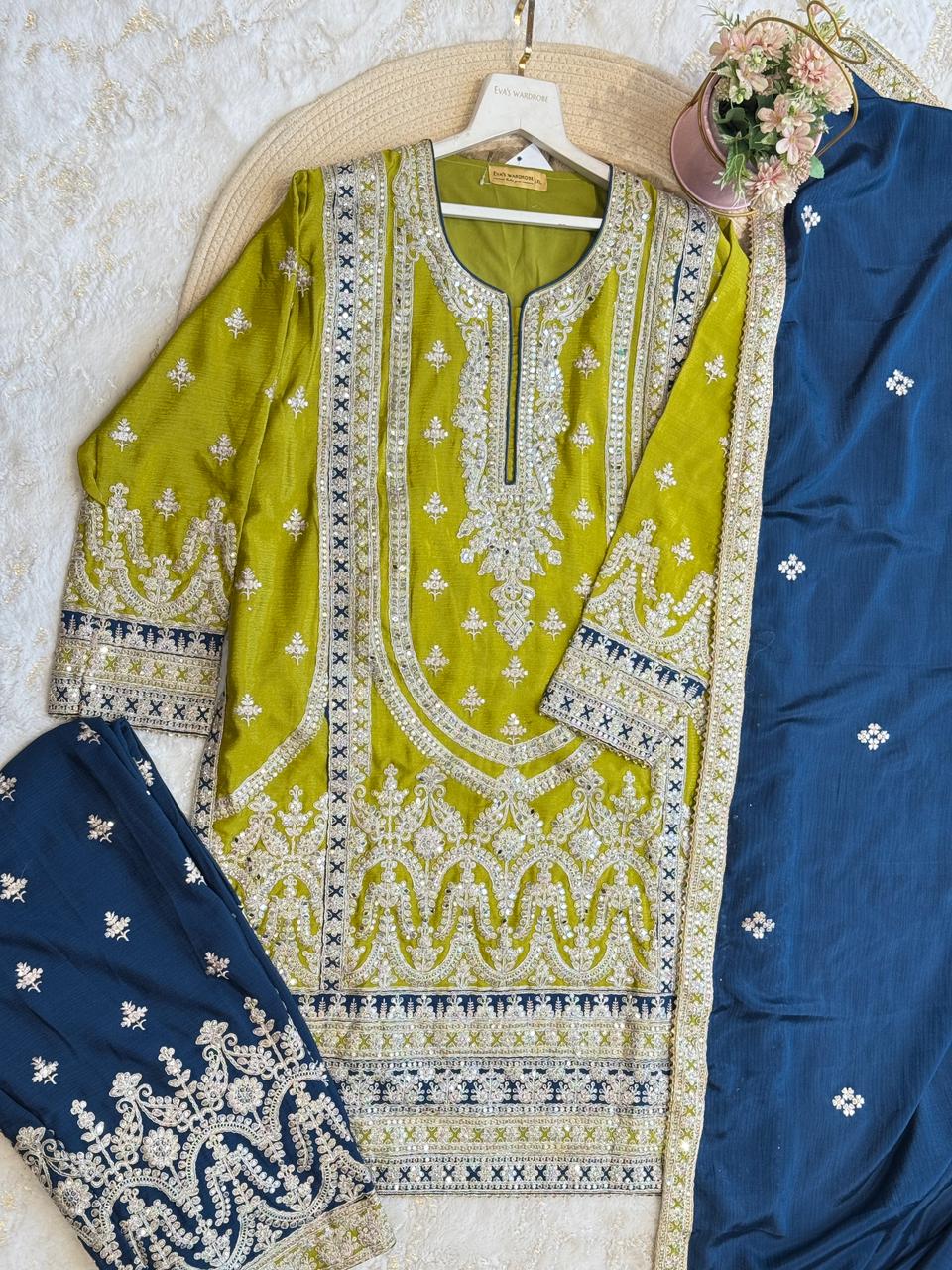 Olive Green & Navy Blue Embroidered Pure Chiffon Georgette Palazzo Set 1413