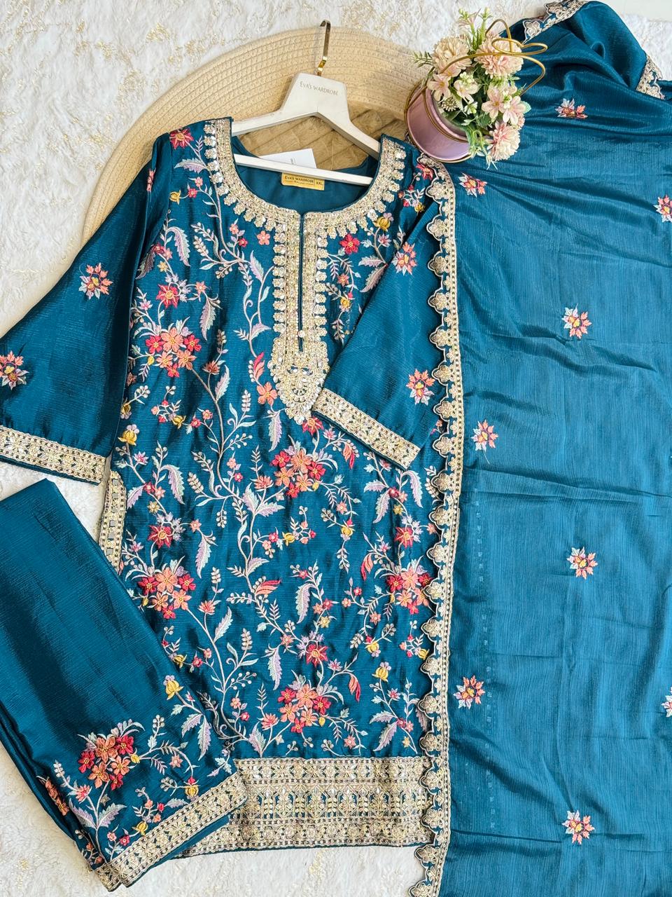Deep Teal Meadow Silk Ensemble 1249