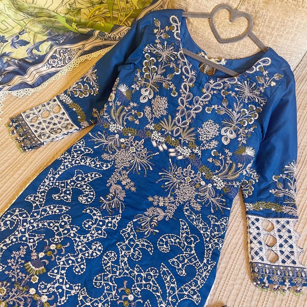Royal Blue Embroidered Kurti Set with Designer Dupatta 1424