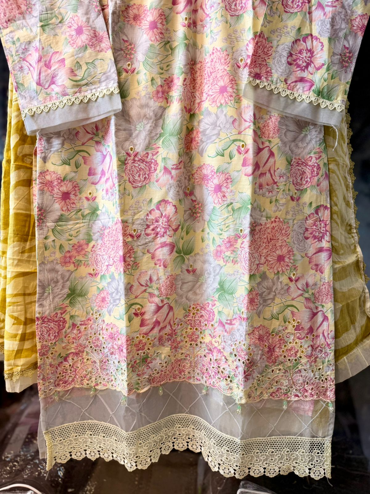 Original Pakistani Lawn Suit with Heavy Organza Patchwork & Lace Detailing 3702