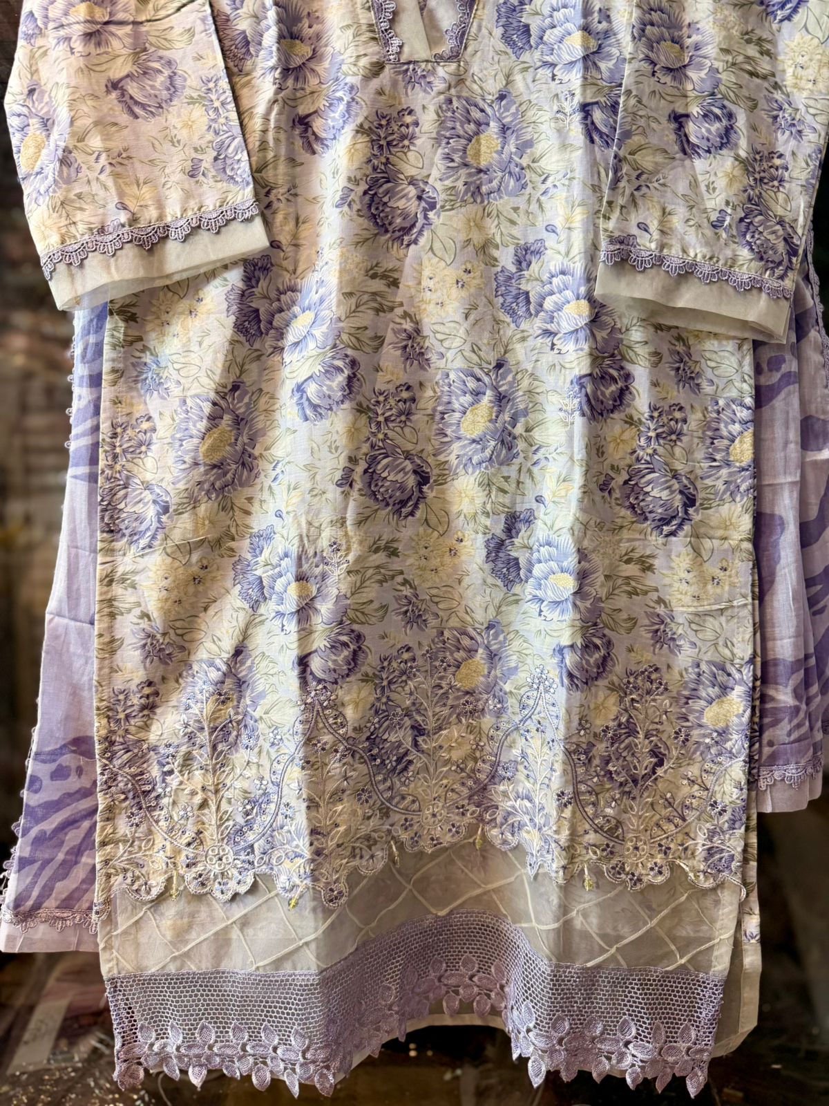 Premium Pakistani Lawn Suit with Organza Patchwork & Lace Finish 3703