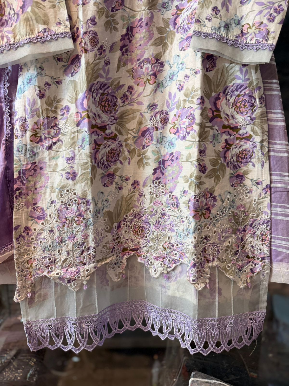 Elegant Original Pakistani Lawn Suit with Organza Patch & Lace Detailing 3705