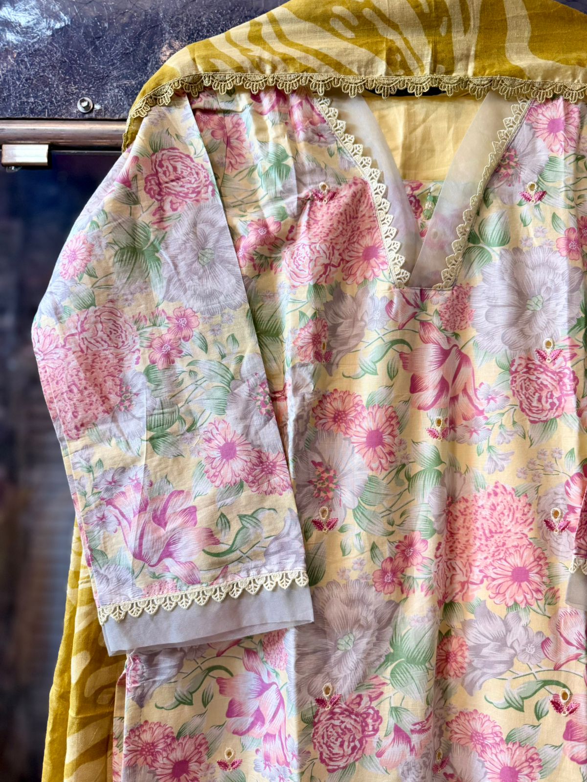 Original Pakistani Lawn Suit with Heavy Organza Patchwork & Lace Detailing 3702