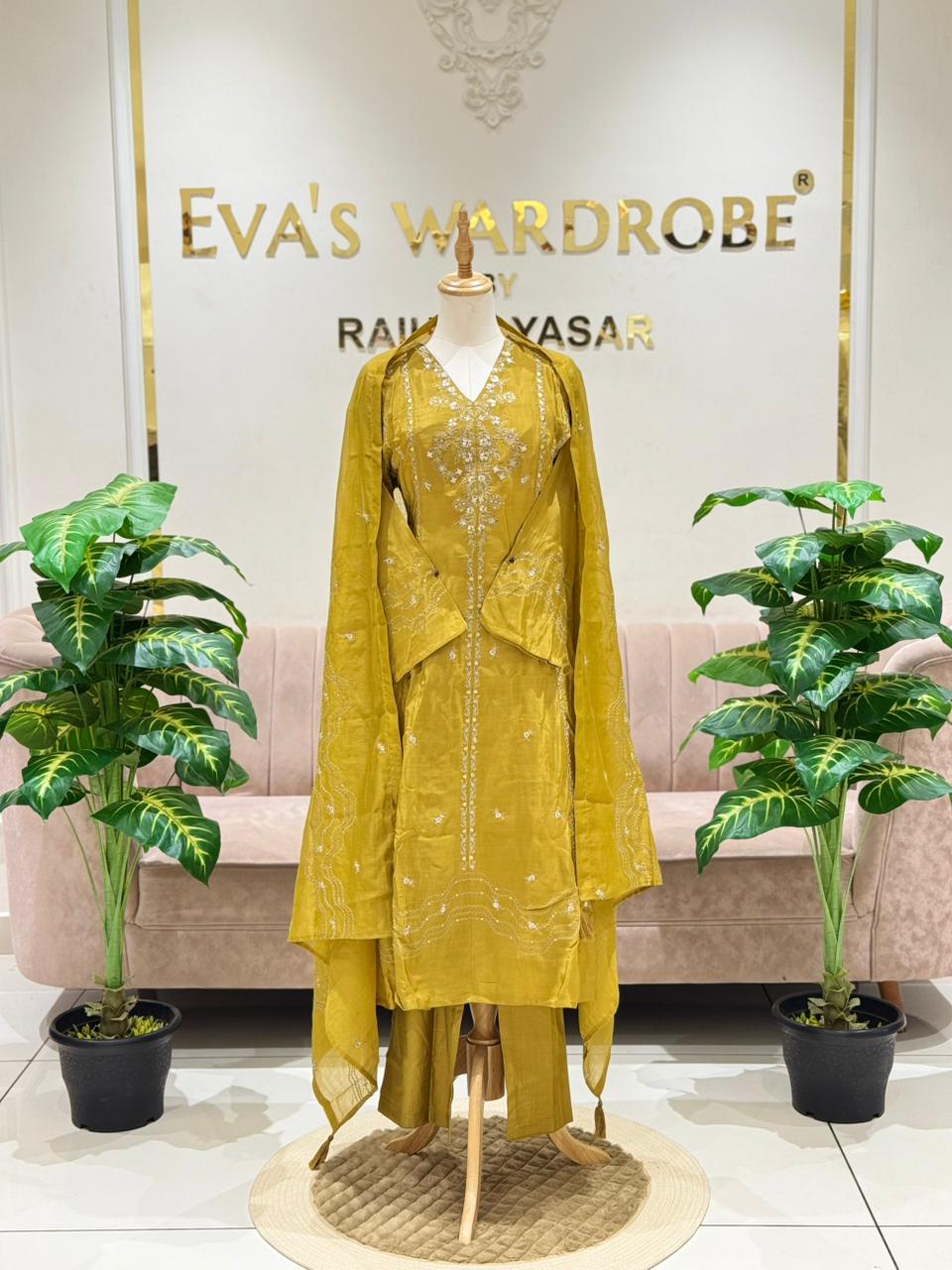 Mustard Yellow Embroidered Silk Salwar Suit with Organza Dupatta 1211