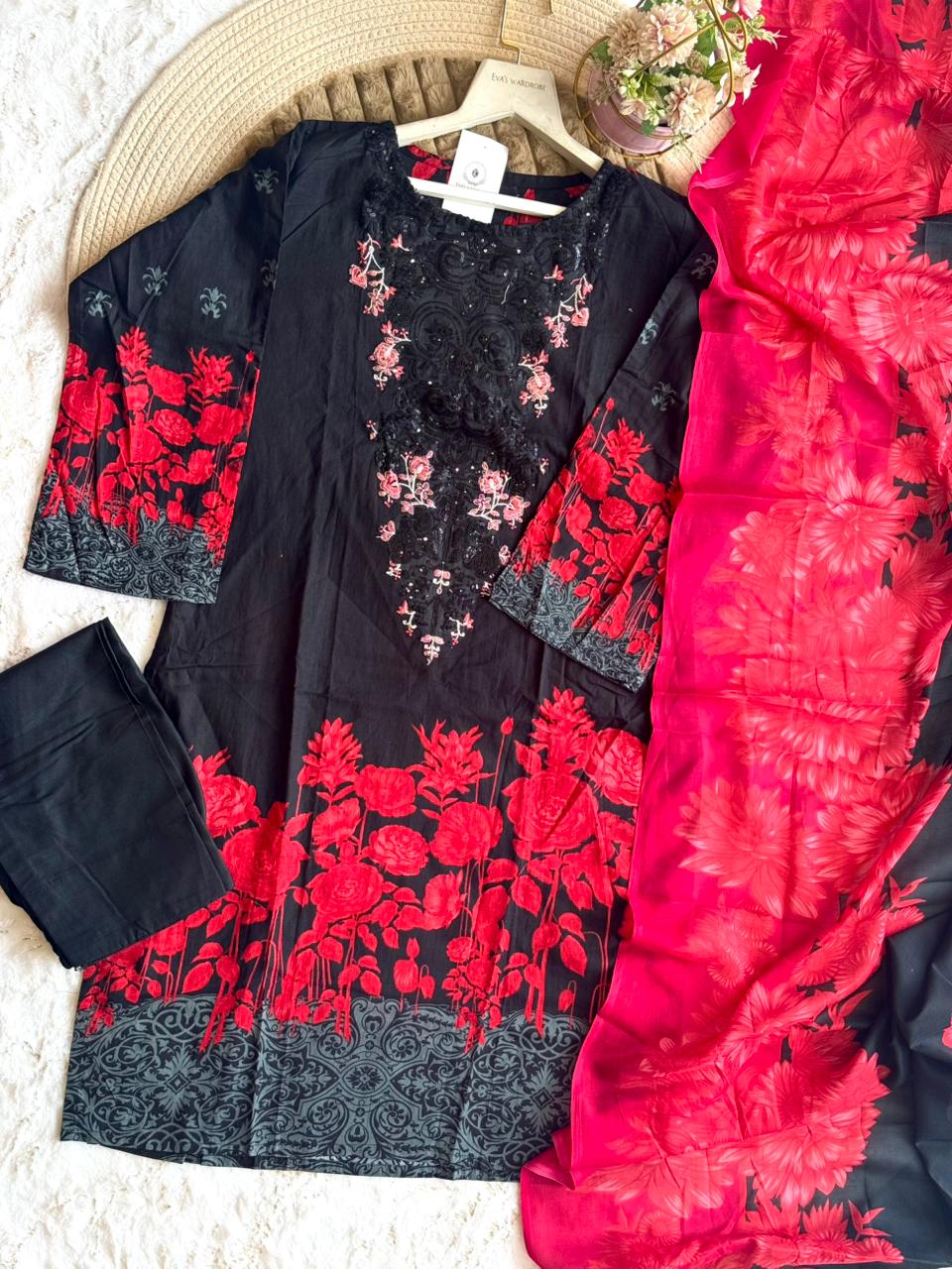 Crimson Rose Noir Cotton Ensemble 1322