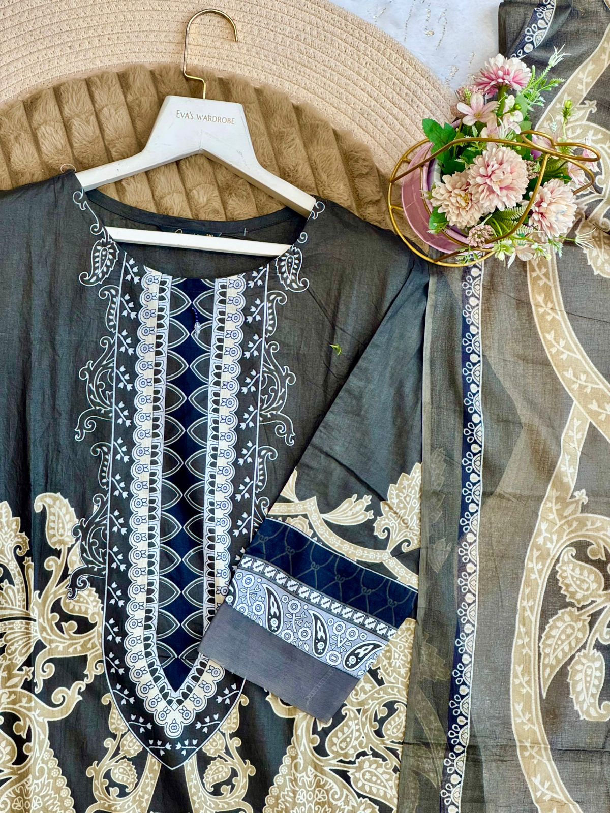 Charcoal Heritage – Ornate Baroque Embroidered Three-Piece Suit 1150
