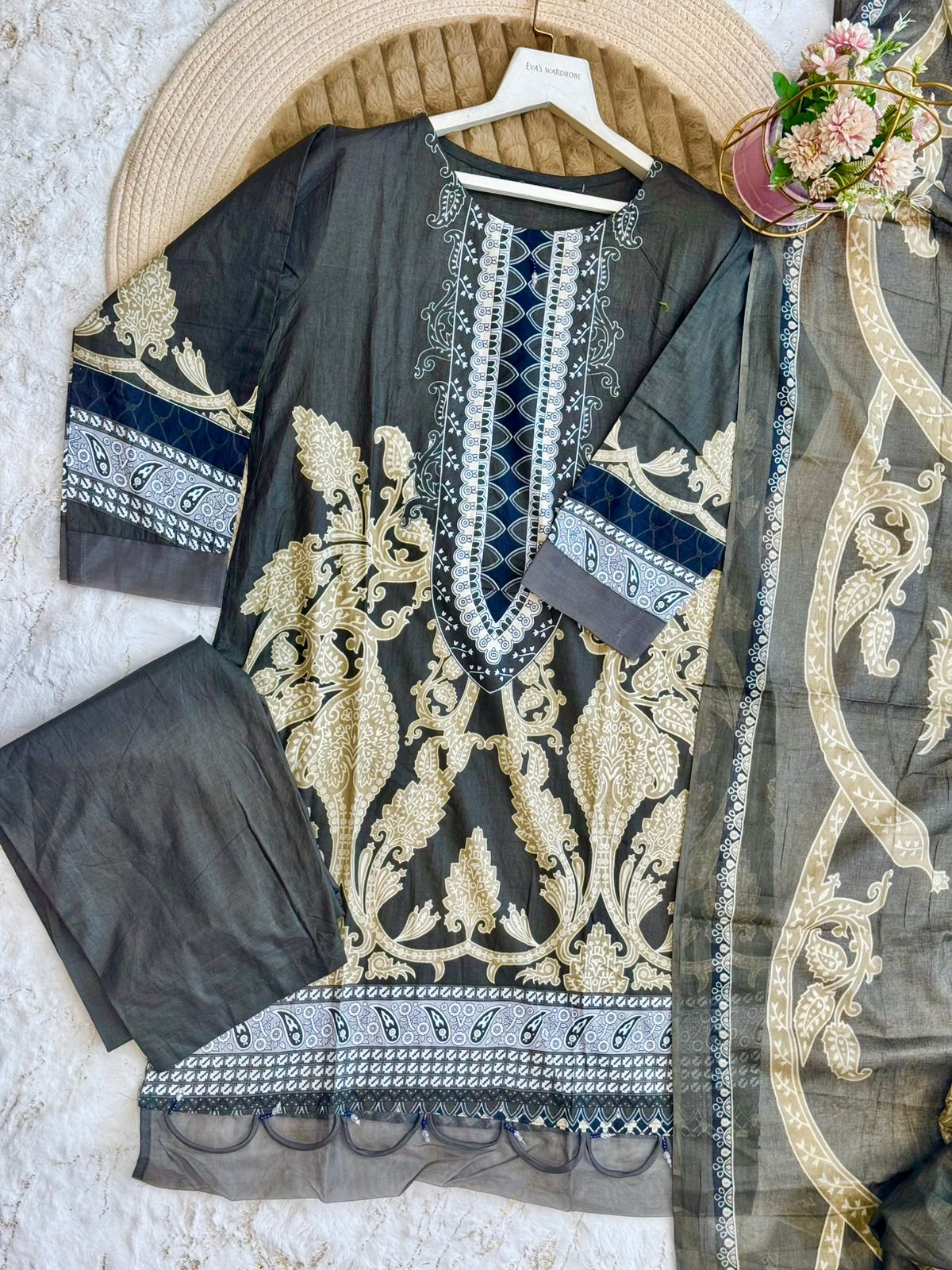 Charcoal Heritage – Ornate Baroque Embroidered Three-Piece Suit 1150