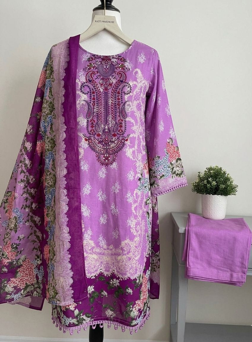 Lilac Garden – Floral Embroidered Three-Piece Festive Suit 1202