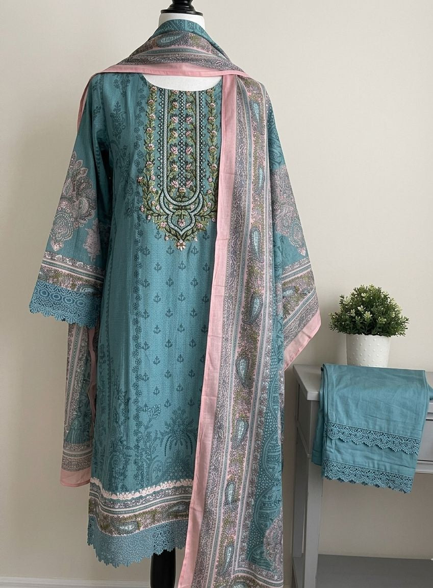 Teal Floral Embroidered Lawn 3-Piece Suite with Lace Detailing