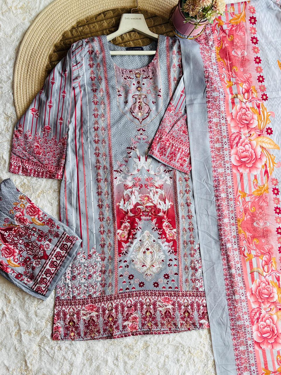 Premium Grey & Rosewood Floral Embroidered 3-Piece Suit 1355