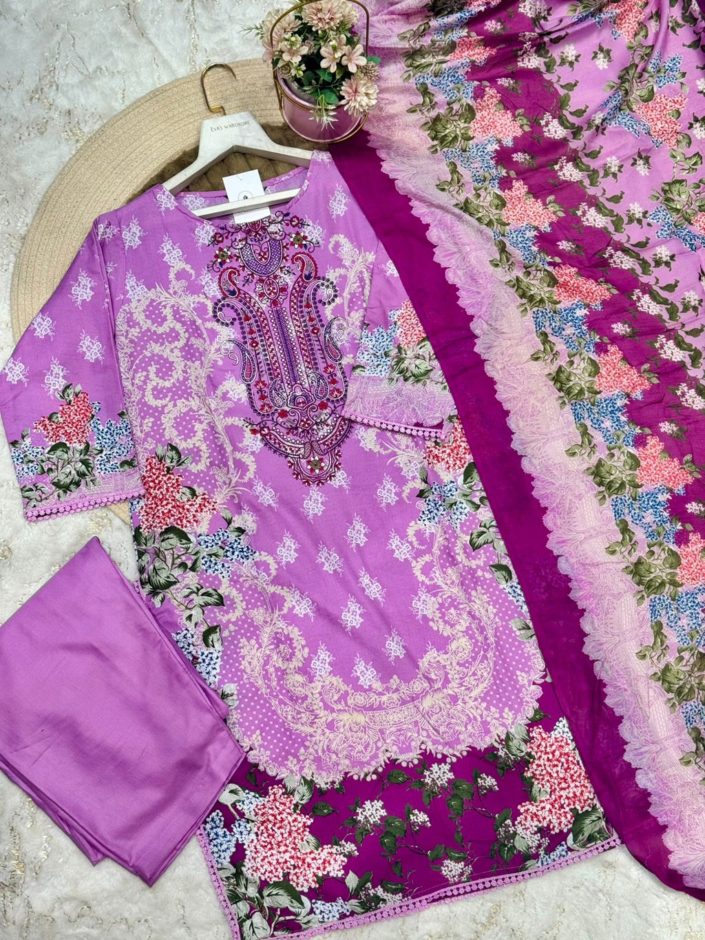 Lilac Garden – Floral Embroidered Three-Piece Festive Suit 1202