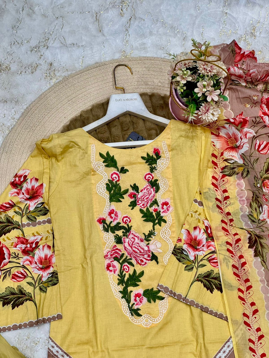 Marigold Muse – Mustard & Rose Embroidered Three-Piece Suit 1227