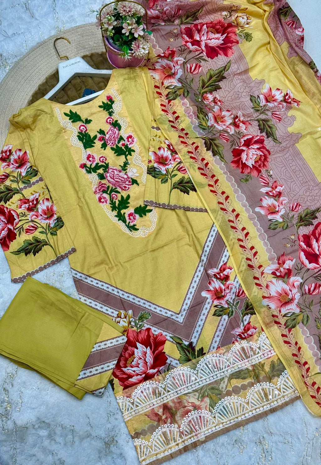 Marigold Muse – Mustard & Rose Embroidered Three-Piece Suit 1227