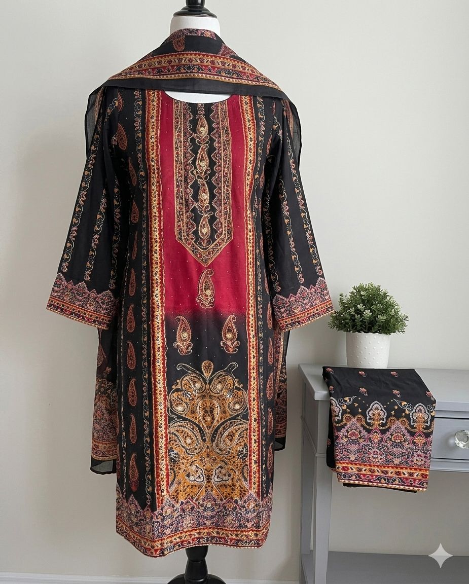 Ready-to-Wear Jet Black & Red Paisley Suit with Mirror Work Neckline