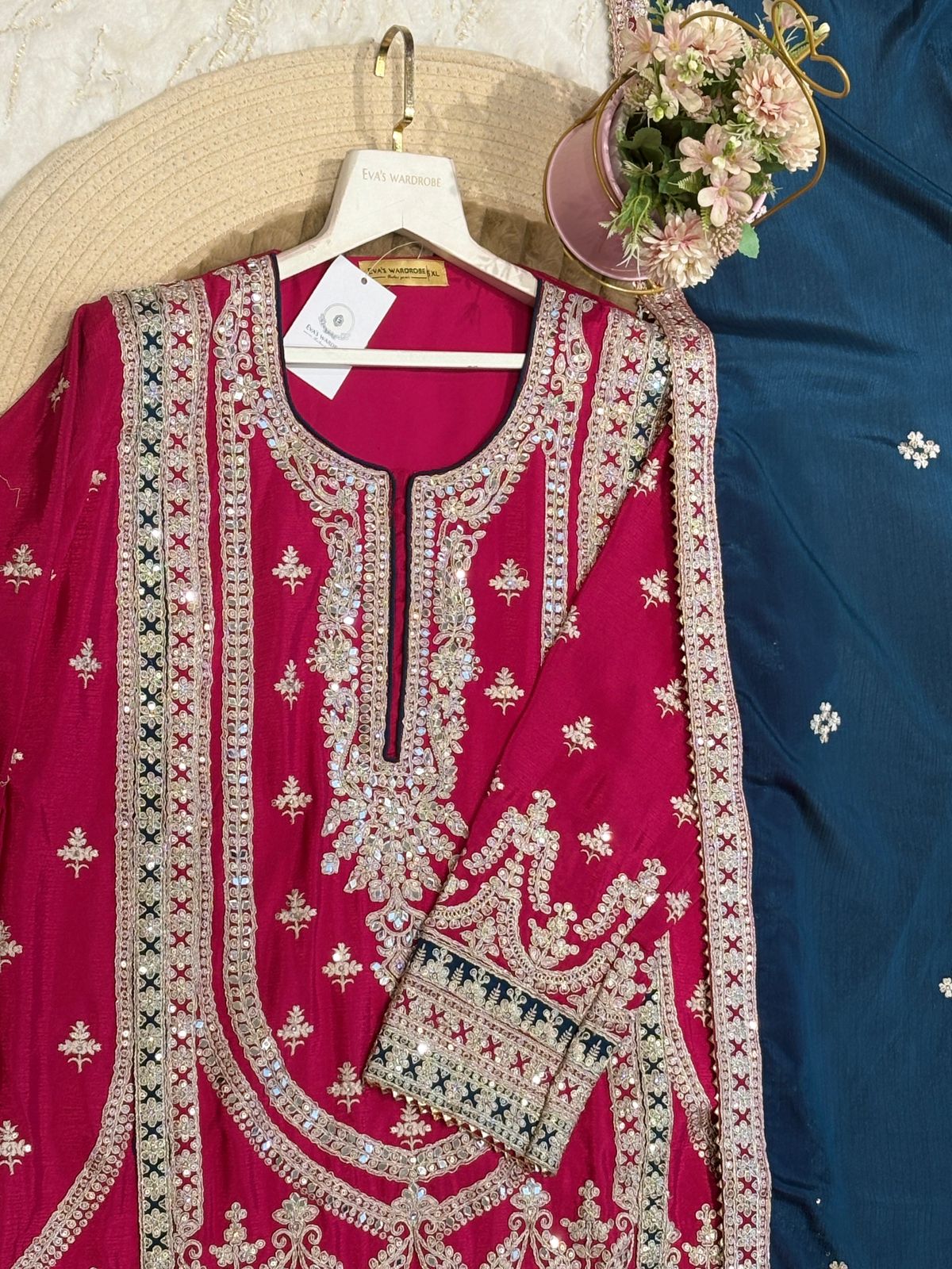 Fuchsia & Navy Elegance: Ornate Embroidered Three-Piece Suit 1928