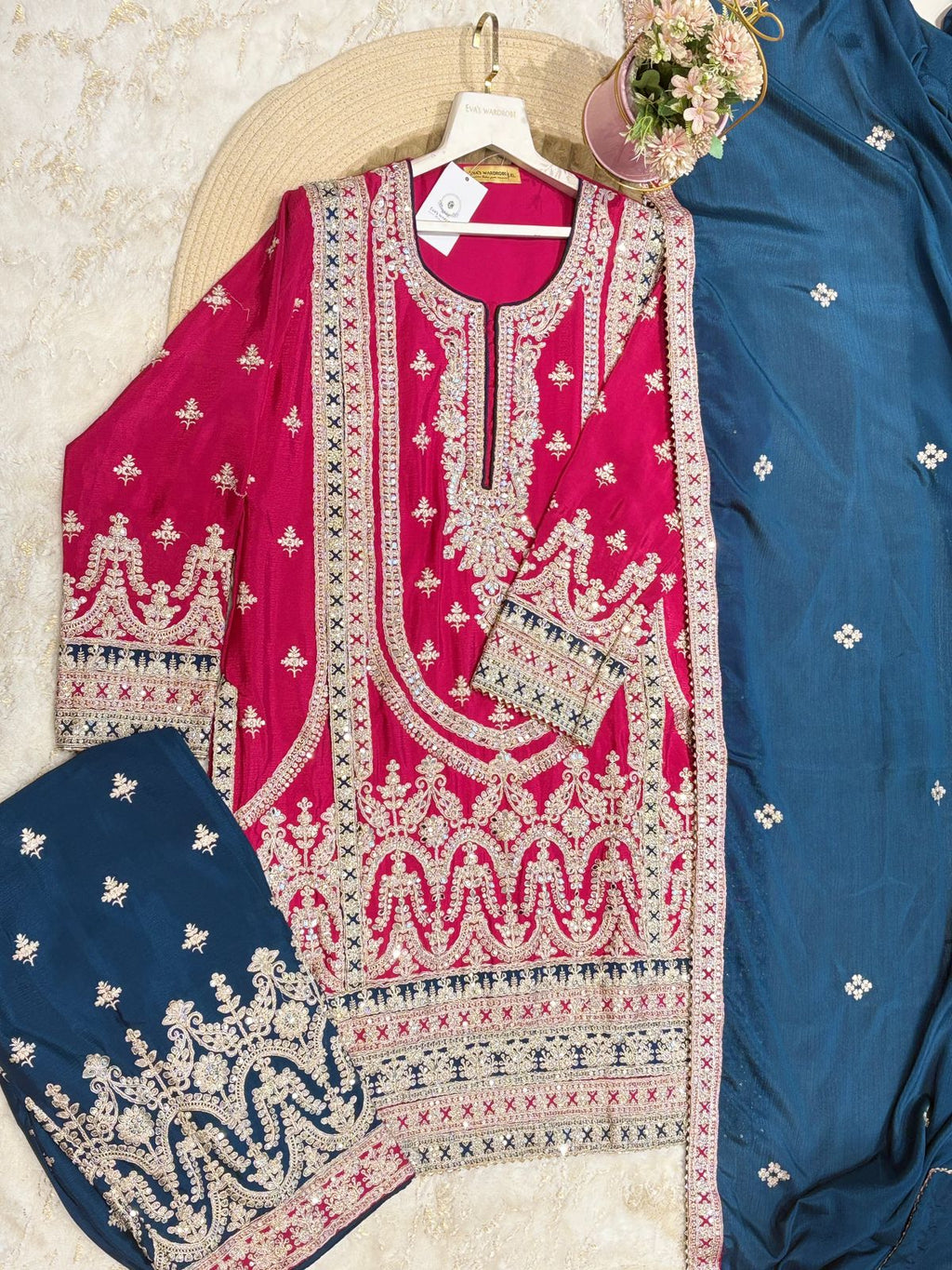 Fuchsia & Navy Elegance: Ornate Embroidered Three-Piece Suit 1928