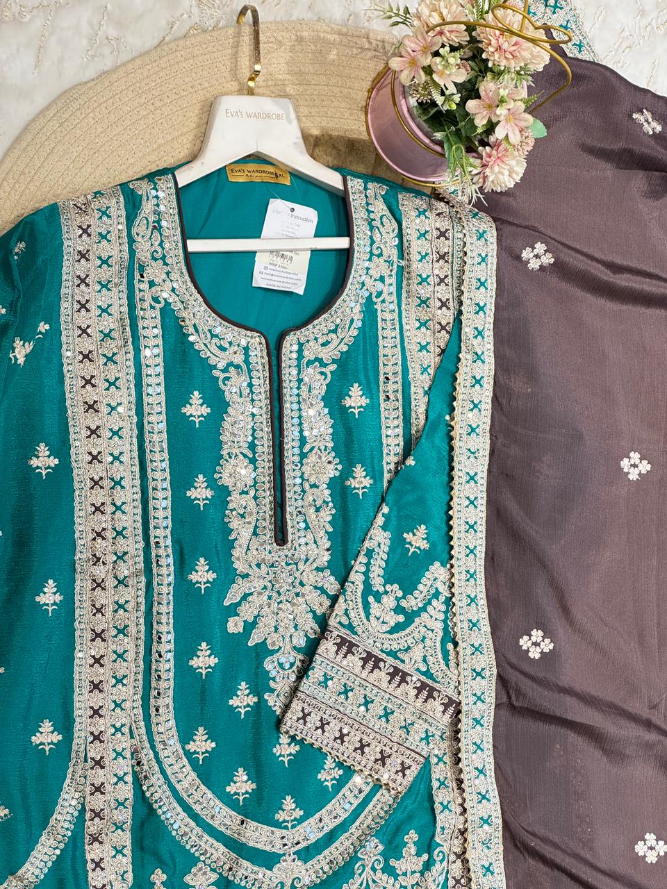 Teal & Plum Elegance: Intricate Embroidered Three-Piece Suit 1922