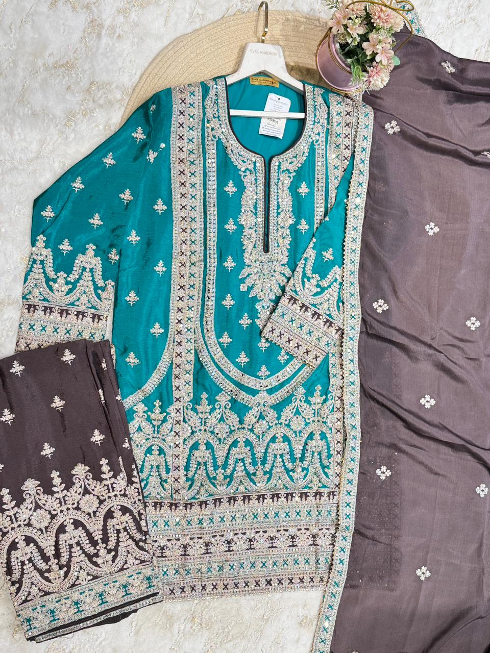 Teal & Plum Elegance: Intricate Embroidered Three-Piece Suit 1922