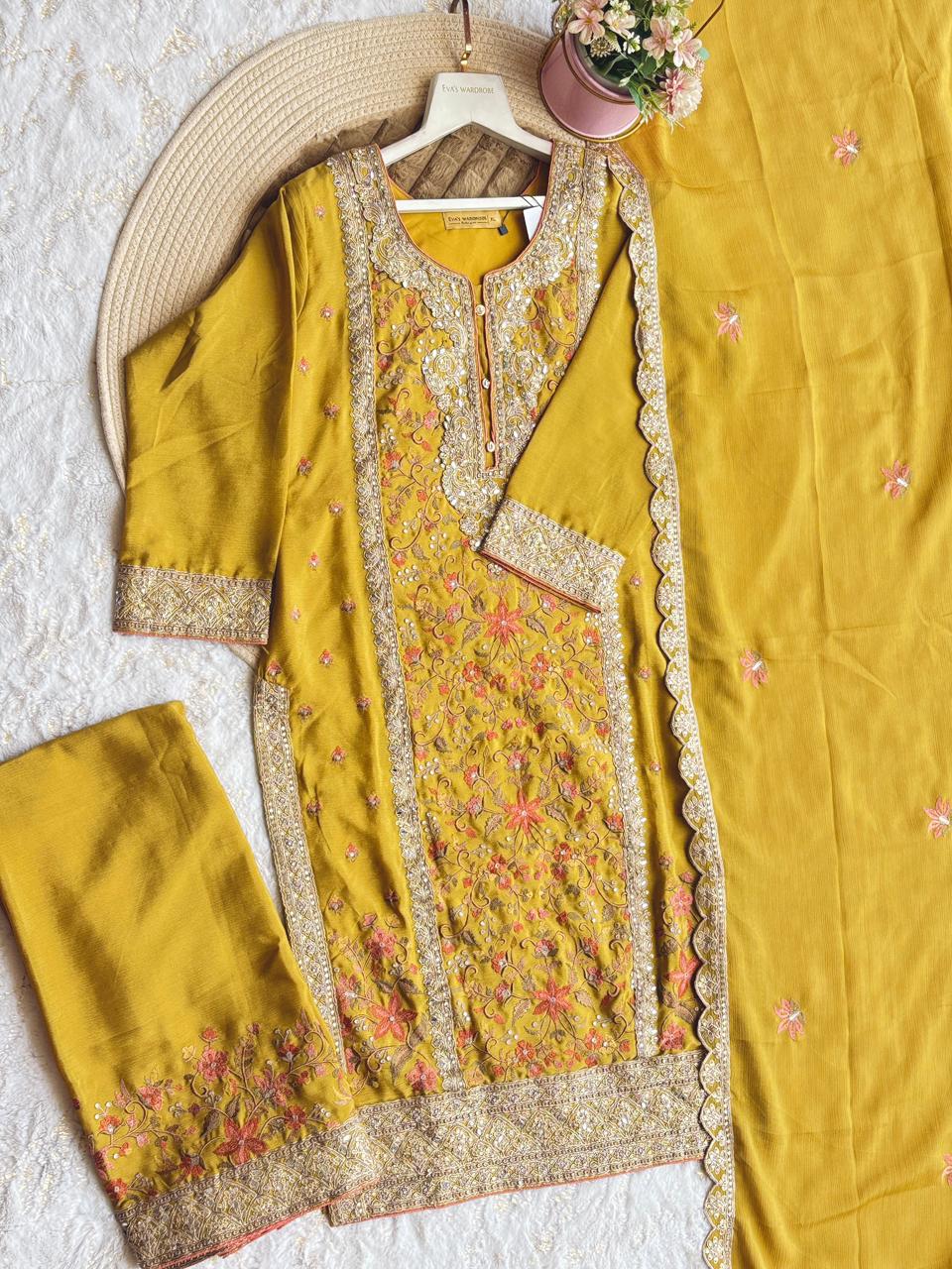 Golden Mustard: Center-Panel Floral Embroidered Three-Piece Suit 1833
