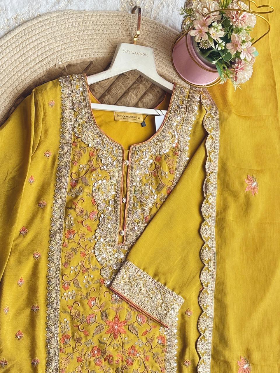 Golden Mustard: Center-Panel Floral Embroidered Three-Piece Suit 1833