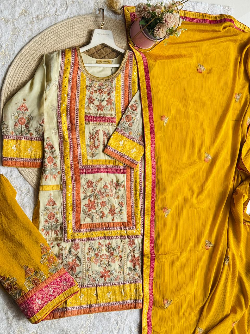 Vibrant Mustard & Cream: Paneled Floral Three-Piece Suit 1920