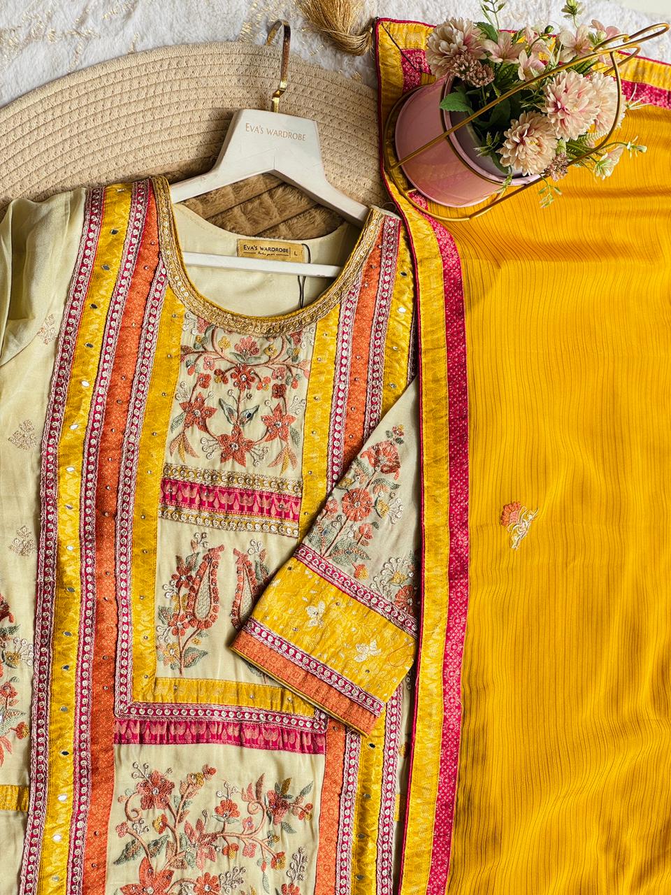 Vibrant Mustard & Cream: Paneled Floral Three-Piece Suit 1920