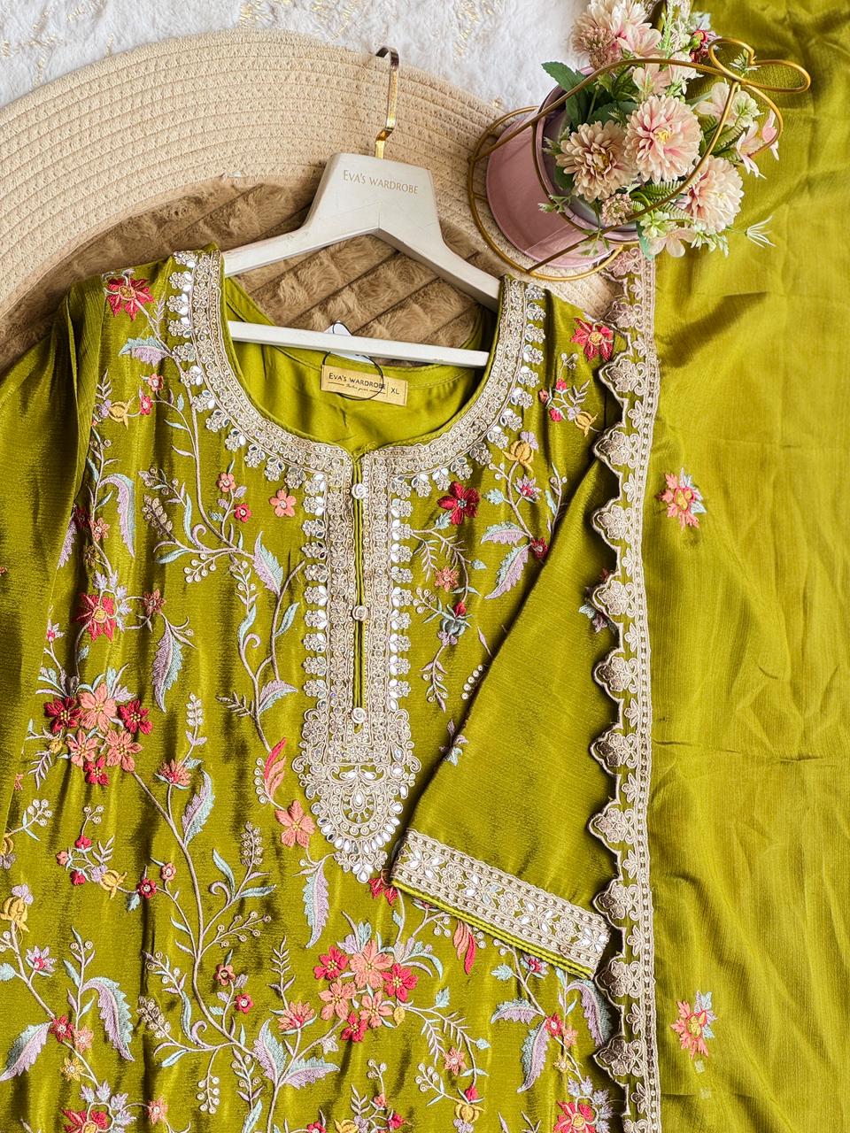 Enchanting Olive: Floral Embroidered Three-Piece Suit 1823