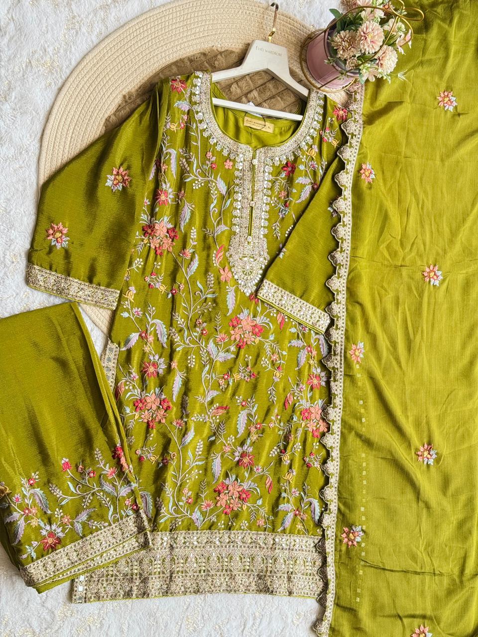 Enchanting Olive: Floral Embroidered Three-Piece Suit 1823