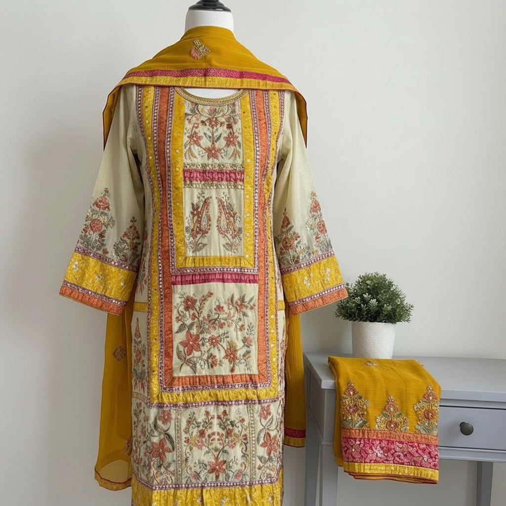 Vibrant Mustard & Cream: Paneled Floral Three-Piece Suit 1920