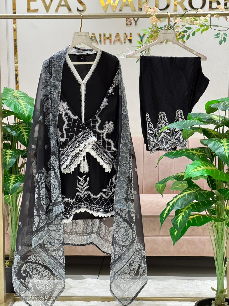 Graceful Black Rayon Embroidered Suit with Organza Dupatta 1214