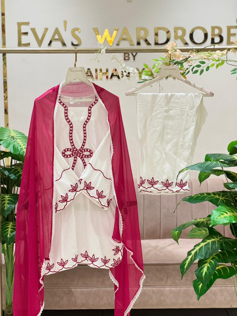 Elegant White Rayon Suit with Pink Embroidery & Chiffon Dupatta 1222