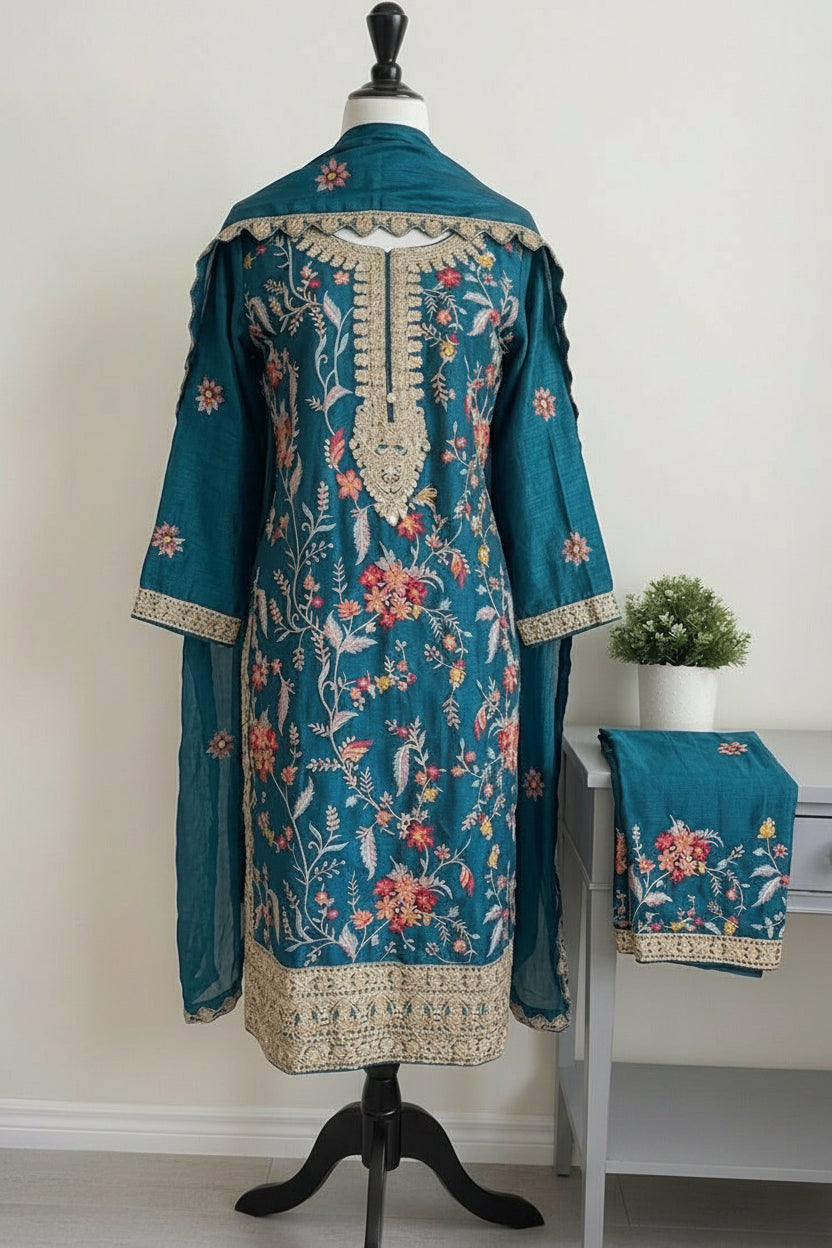 Deep Teal Meadow Silk Ensemble 1249