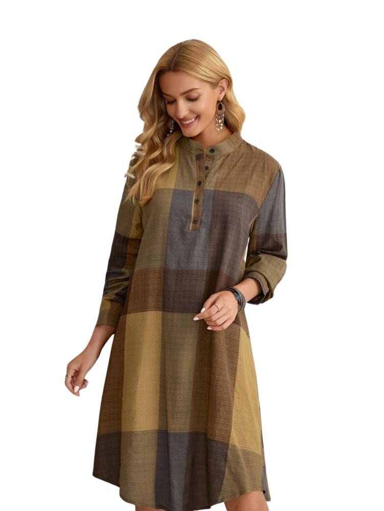 Eva's Fashion Western Dress || Rayon Color Block Half Button Front Dress for Women || Long Cuff Sleeve & Stand Collared Neck Tunic Dress || Office || Summer Dresses for Women.