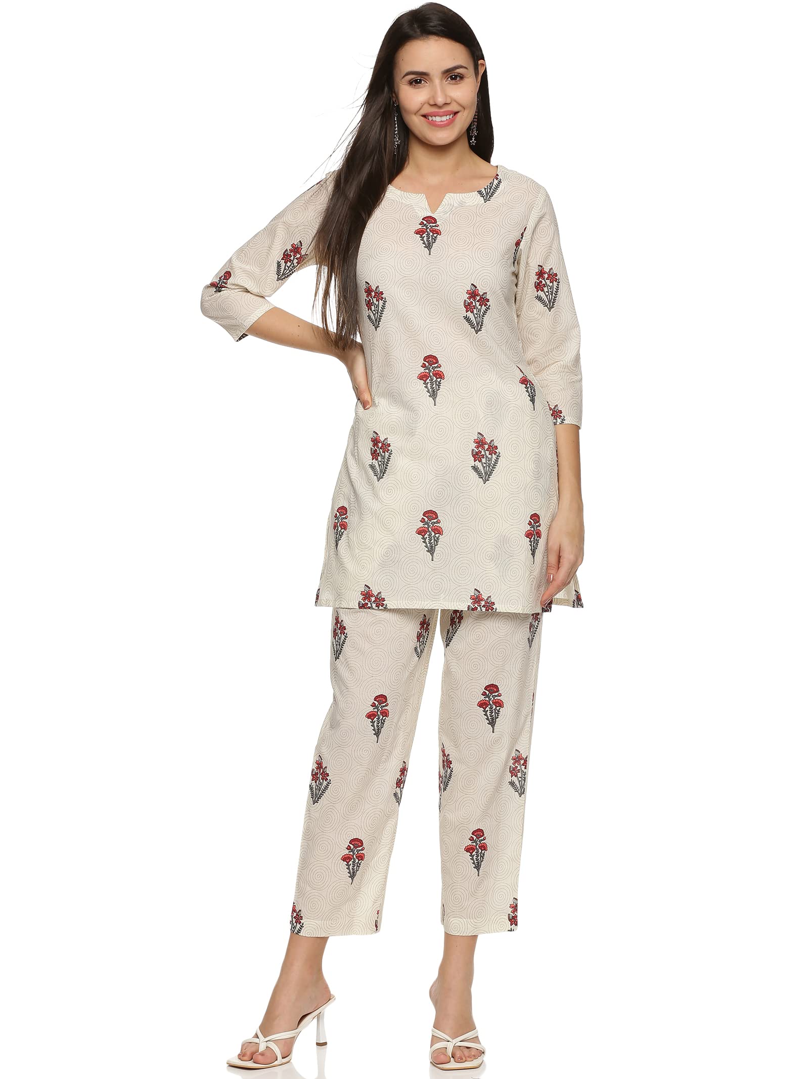 Women's Pure Cotton Floral Printed Night Suit Top and Pyjama Set (Off White)