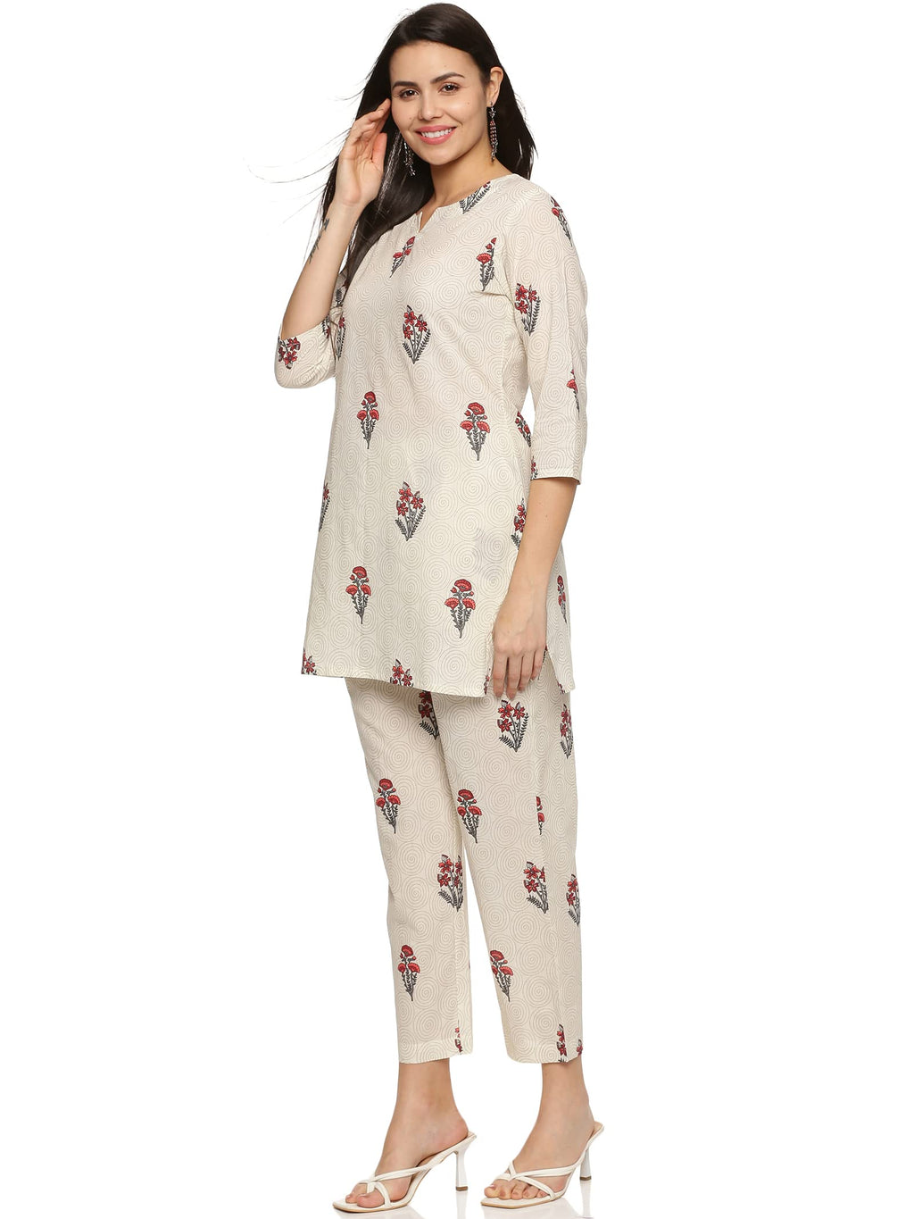 Women's Pure Cotton Floral Printed Night Suit Top and Pyjama Set (Off White)