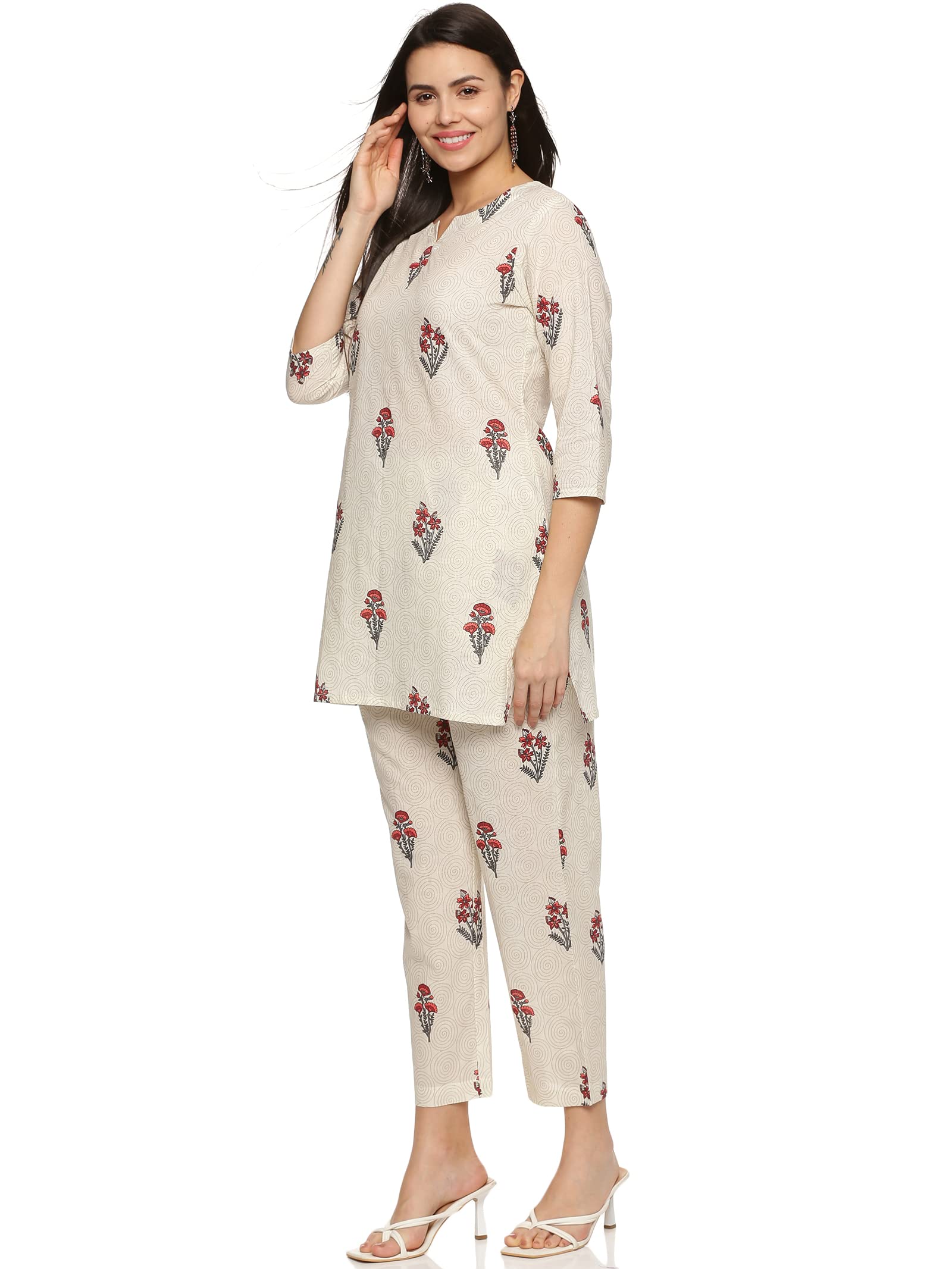 Women's Pure Cotton Floral Printed Night Suit Top and Pyjama Set (Off White)