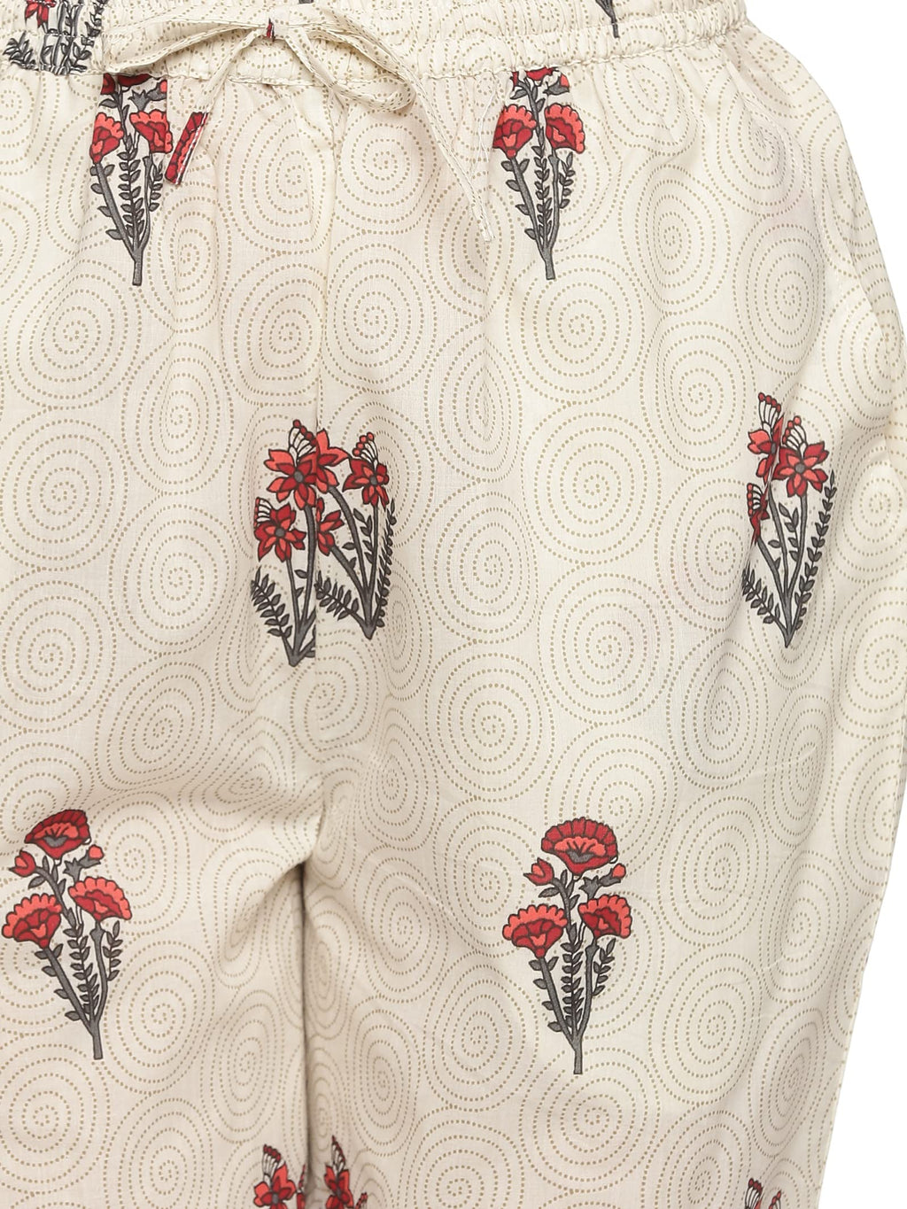 Women's Pure Cotton Floral Printed Night Suit Top and Pyjama Set (Off White)