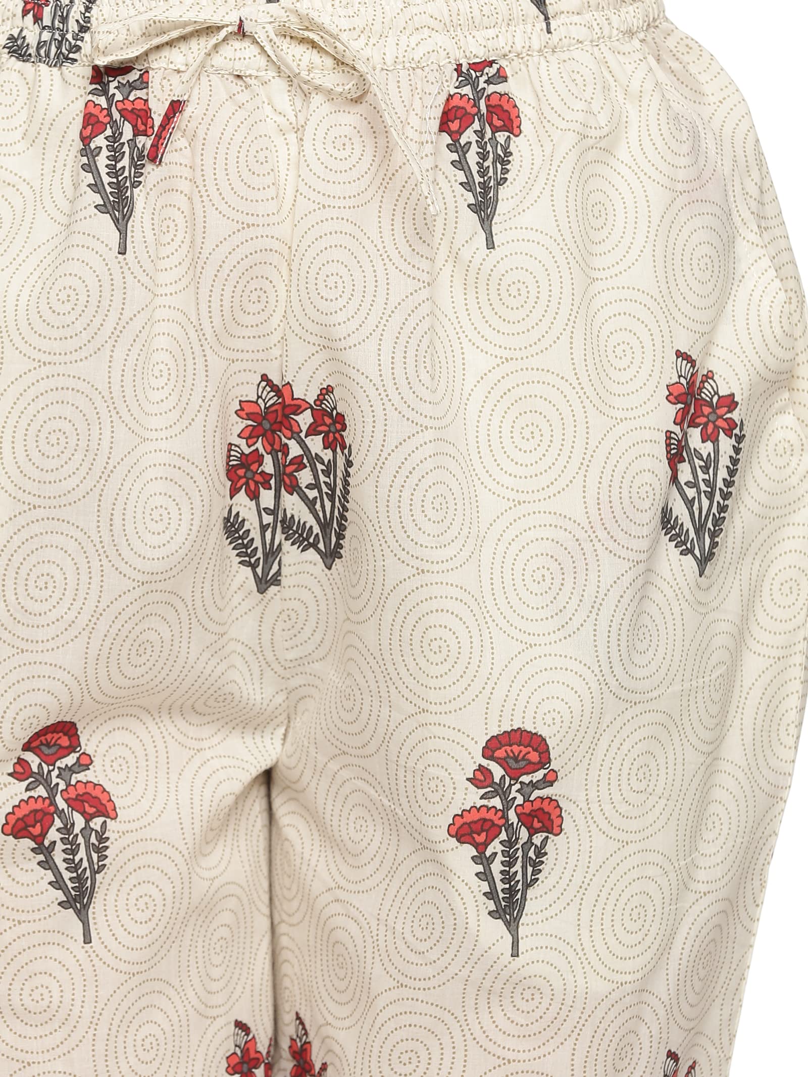 Women's Pure Cotton Floral Printed Night Suit Top and Pyjama Set (Off White)