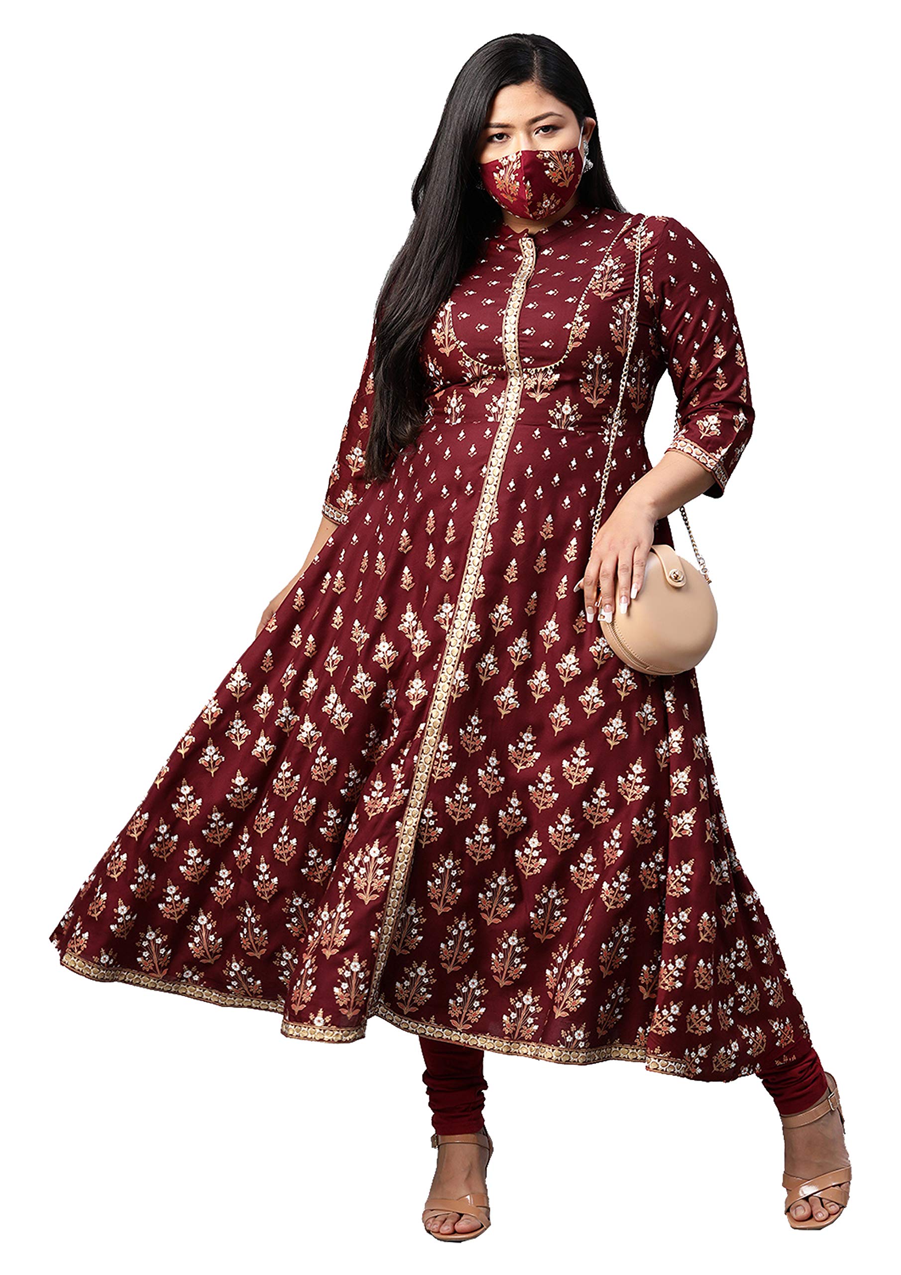 Evas Women's Plus Size Plus Size Rayon Floral Printed Anarkali Kurta