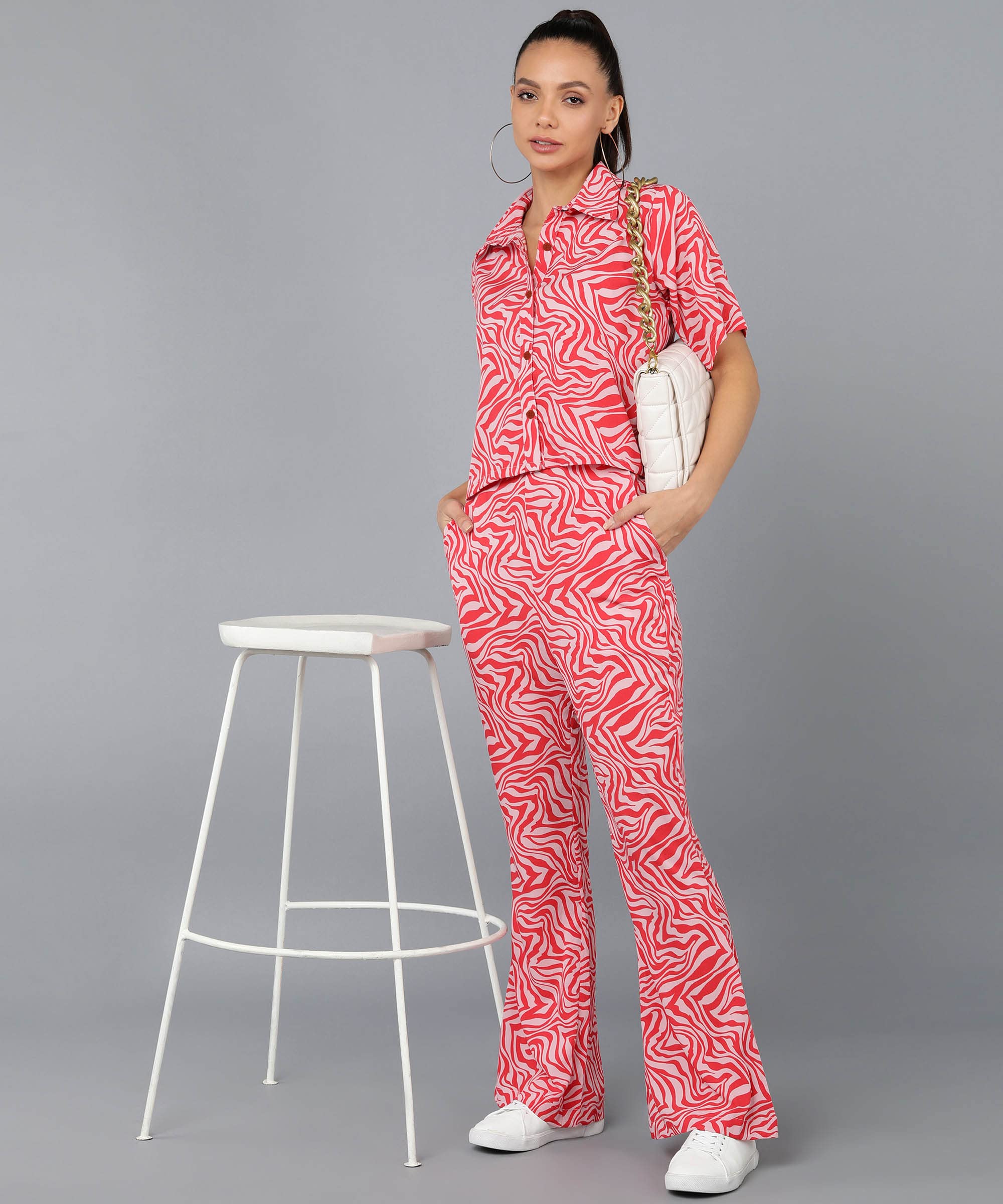 Fashfun Women's Co-ord Set (Red Animal Printed Crepe Crop Shirt & Elasticated Waist Pant Set)